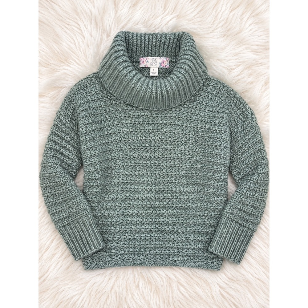 Pink Rose Gray Turtleneck Sweater Women's Small Chunky Knit Cozy